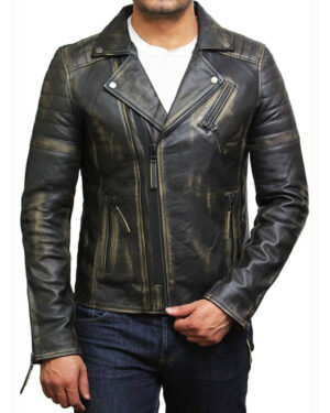 Fagernes Style Men's Brando Cross Zip Leather Motorcycle Jacket - black-rub-off