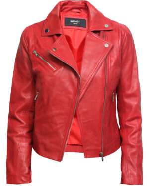 Women’s Classic Leather Moto Biker Jacket – Brando Style Jacket Loughton - red