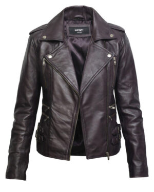 Women’s Classic Leather Brando Moto Biker Jacket – Loddon - purple