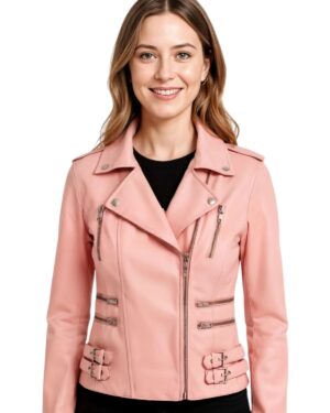 Women’s Classic Leather Brando Moto Biker Jacket – Loddon - baby-pink
