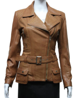 Women’s Long Leather Moto Biker Coat – Classic Style Jacket Quito - tan