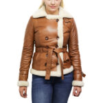 Women’s Tan Double-Breasted Sheepskin Aviator Jacket – Classic Flying Coat Leshan