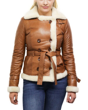 Women’s Tan Double-Breasted Sheepskin Aviator Jacket – Classic Flying Coat Leshan