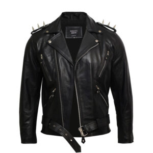 Men’s Black Brando Style Spiked Leather Biker Jacket – Ghost Rider Inspired