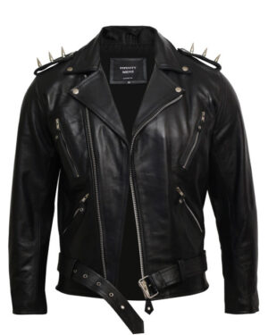Men’s Black Brando Style Spiked Leather Biker Jacket – Ghost Rider Inspired