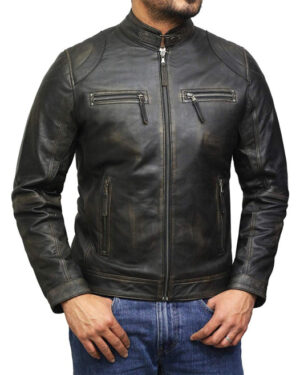 Men’s Quilted Leather Motorcycle Jacket – Vintage Biker Jacket Monaco - vintage-black