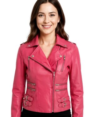 Women’s Classic Leather Brando Moto Biker Jacket – Loddon - pink