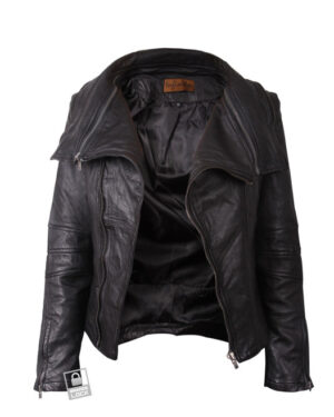 Women’s Leather Biker Jacket with Detachable Collar – Moto Jacket Rosario