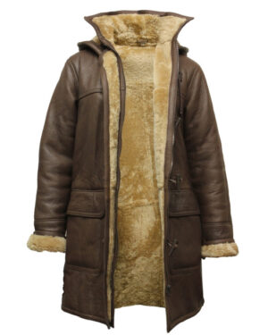 Women’s Brown Hooded Sheepskin Leather Duffle Coat – Warm Shearling Coat Charlotte