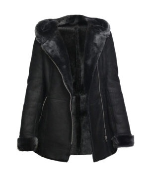 Women’s Black Hooded Merino Sheepskin Jacket – Luxury Shearling Coat Mandalay