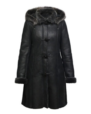 Women’s Black Hooded Shearling Duffle Coat – Sheepskin Leather Winter Coat Ottawa