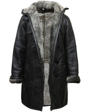 Women’s Black Hooded Sheepskin Duffle Coat – Warm Shearling Coat Lille