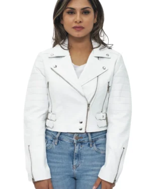 Women’s Cropped Leather Moto Biker Jacket – Brando Style Jacket Longtown - white