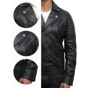 Fagernes Style Men's Brando Cross Zip Leather Motorcycle Jacke