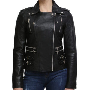 Women’s Classic Leather Brando Moto Biker Jacket – Loddon