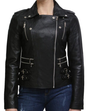 Women’s Classic Leather Brando Moto Biker Jacket – Loddon