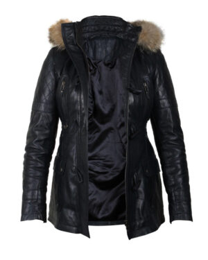 Women’s Quilted Leather Parka Jacket – Warm Winter Coat Brussels - navy