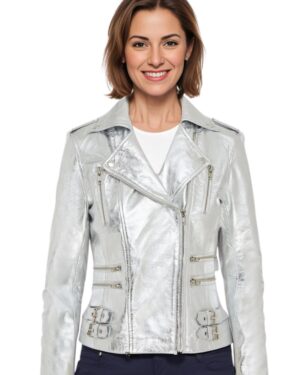 Women’s Classic Leather Brando Moto Biker Jacket – Loddon - silver