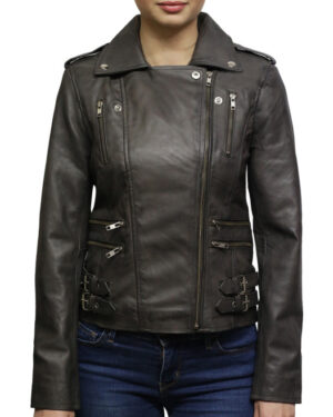Women’s Classic Leather Brando Moto Biker Jacket – Loddon - grey