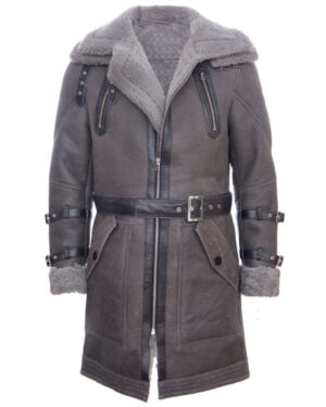 Men’s Warm Sheepskin Leather Trench Coat – 3/4 Length Winter Coat Medina - gray