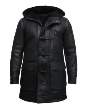 Men’s Winter Sheepskin Leather Hooded Duffle Coat – Warm Classic Coat Montpellier - black