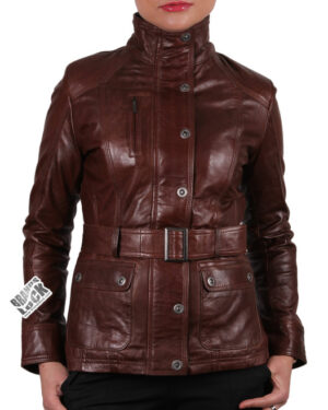 Women’s Leather Moto Biker Jacket – Military Style Jacket Middleton - brown