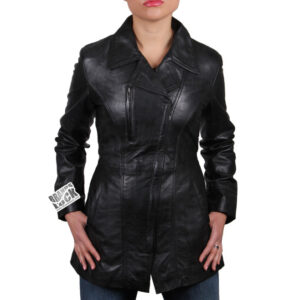 Women’s Long Leather Biker Jacket – Classic Moto Coat Muscat