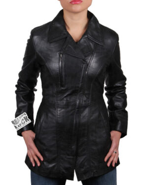 Women’s Long Leather Biker Jacket – Classic Moto Coat Muscat