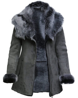 Women’s Grey Suede Hooded Merino Sheepskin Coat – Luxury Shearling Coat Monrovia
