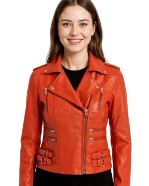 Women’s Classic Leather Brando Moto Biker Jacket – Loddon - orange