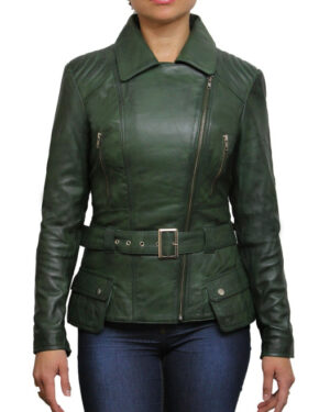 Women’s Long Leather Moto Biker Coat – Classic Style Jacket Quito - green