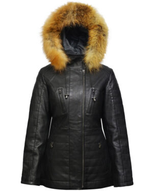 Women’s Quilted Leather Parka Jacket – Warm Hooded Winter Coat Curitiba