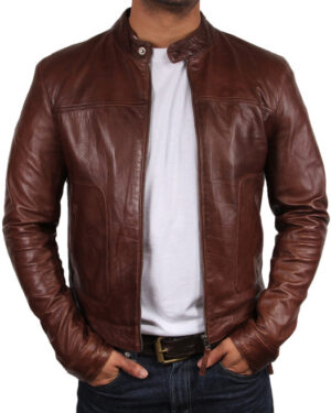 Men’s Classic Fitted Leather Biker Jacket – Slim Fit Motorcycle Jacket Austin - burgundy