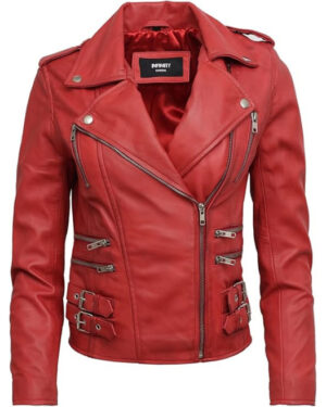 Women’s Classic Leather Brando Moto Biker Jacket – Loddon - red
