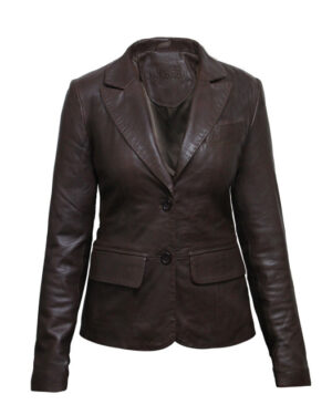Women’s Leather Two Button Blazer – Classic Fit Jacket Newport - brown