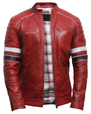 Men’s Quilted Leather Motorcycle Jacket – Racing Biker Jacket Brevik - red