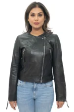 Women’s Collarless Leather Moto Biker Jacket – Modern Fit Padova