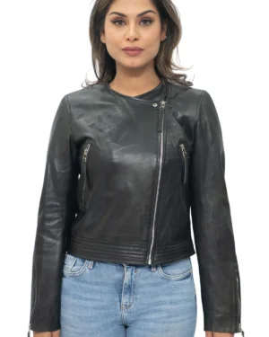 Women’s Collarless Leather Moto Biker Jacket – Modern Fit Padova