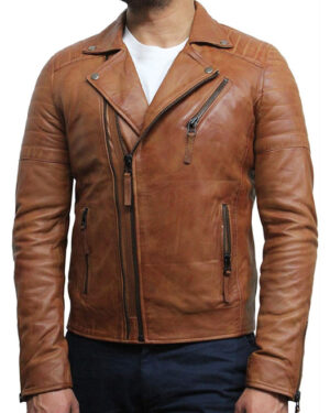 Fagernes Style Men's Brando Cross Zip Leather Motorcycle Jacket - tan