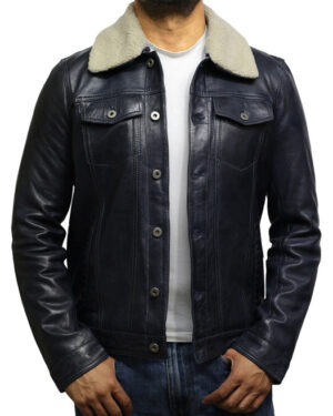 Men’s Vintage Leather Trucker Jacket – Removable Collar Style Jacket Zagreb - blue