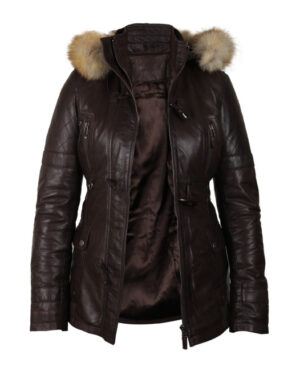 Women’s Quilted Leather Parka Jacket – Warm Winter Coat Brussels - brown