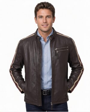 Men’s Striped Leather Biker Jacket – Café Racer Motorcycle Style Alta