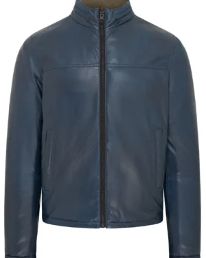 Men’s Hooded Reversible Leather Bomber Jacket – Modern Casual Style Raufoss - blue-brown