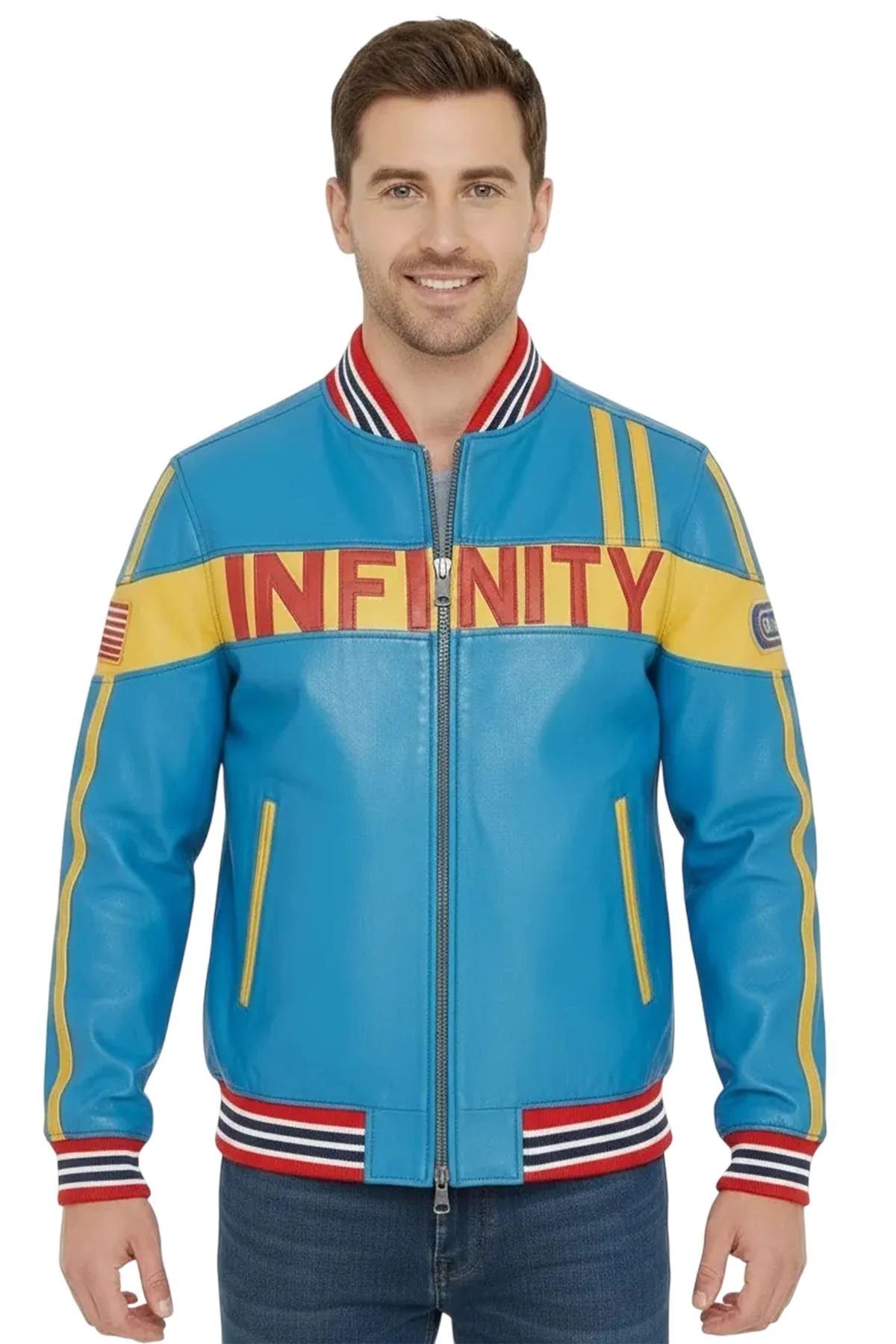 Men’s Blue Leather Racing Jacket – Bomber Biker Style Player