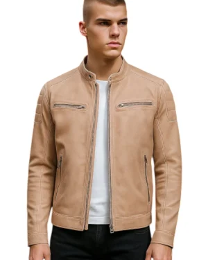 Men’s Modern Quilted Leather Biker Jacket – Classic Motorcycle Style Derry - beige