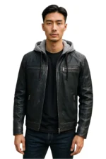 Men’s Lamb Leather Biker Jacket with Hood – Modern Riding Style Burten