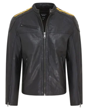 Men’s Quilted Black & Yellow Leather Biker Jacket – Classic Motorcycle Style Meridian