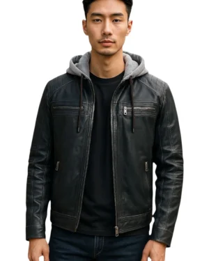 Men’s Lamb Leather Biker Jacket with Hood – Modern Riding Style Burten - navy