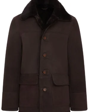 Men’s Brown Shearling Sheepskin Car Coat – Classic Winter Outerwear Elverum