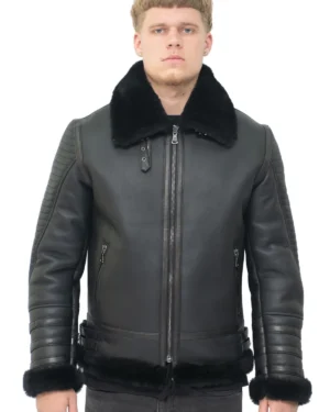 Men’s Retro Sheepskin Bomber Jacket – Vintage Aviator Style Asheville - black